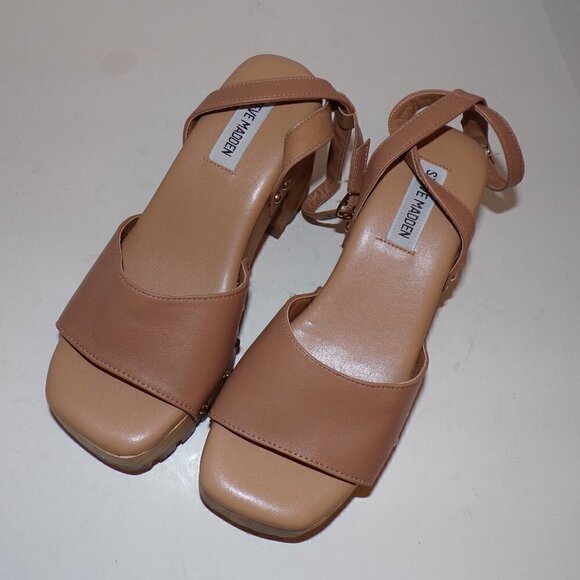 Steve Madden Ocala Tan Leather Ankle Strap Squared Open Toe Studded Wood - Picture 4 of 8